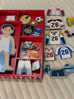 Melissa & Doug Jack Wooden Magnetic Dress-Up Sports Doll Set - Red Storage Tray